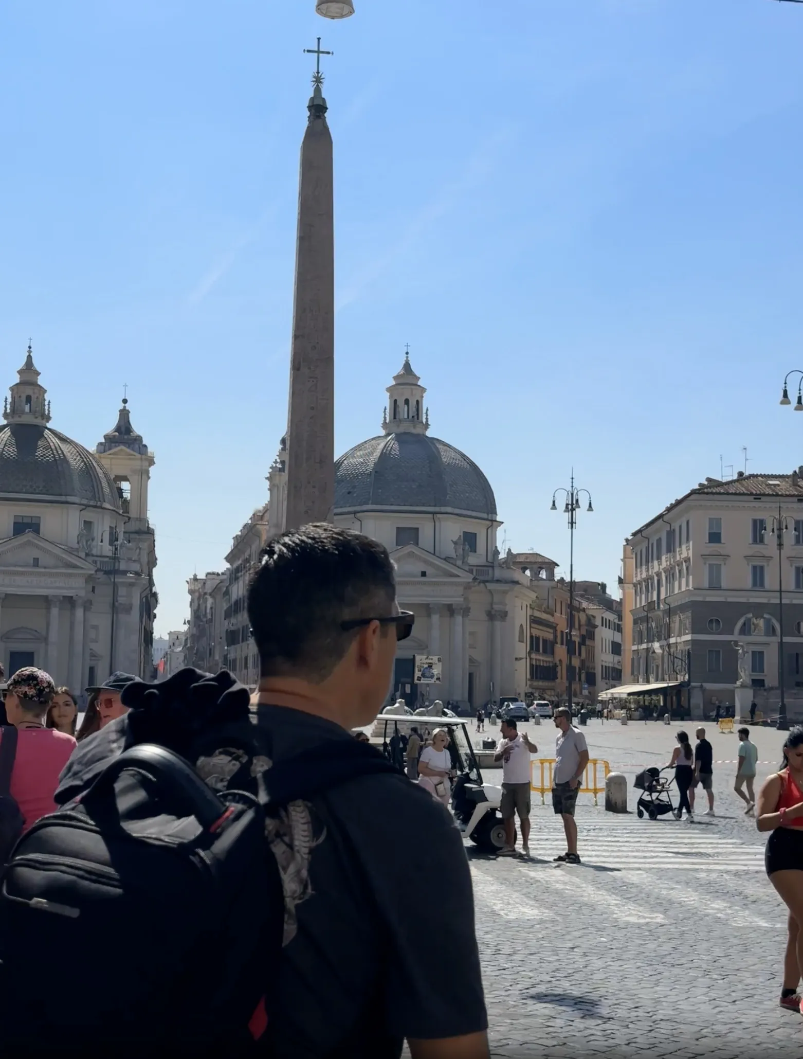 Obelisk in sight, blockades and people in Piazza del Popolo