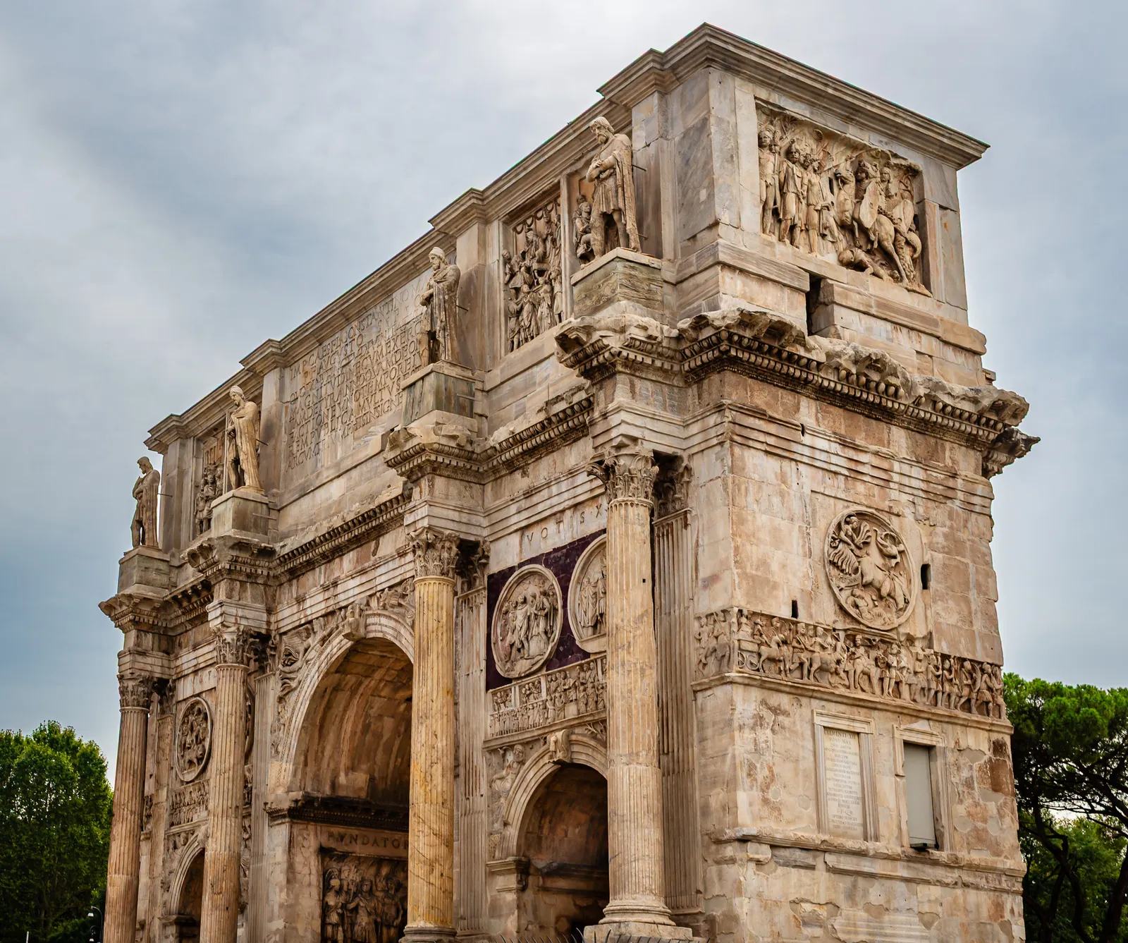 An alternate perspective angle showcasing the intricate reliefs of the Arch of Constantine